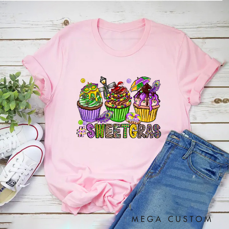 Personalized Sweet Mardi Gras Classic T-shirts Mardi Gras Cupcake Tee with Name Sweet Gras Shirt for Donut Lover Baker Baking Lover