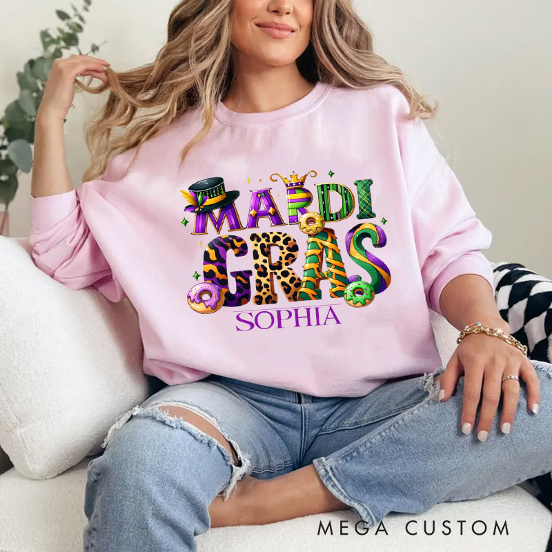 Personalized Mardi Gras Donut Sweatshirt with Name Retro King Cake Sweatshirt Carnival Coquette Shirt Gift for Baking Lover Him Her