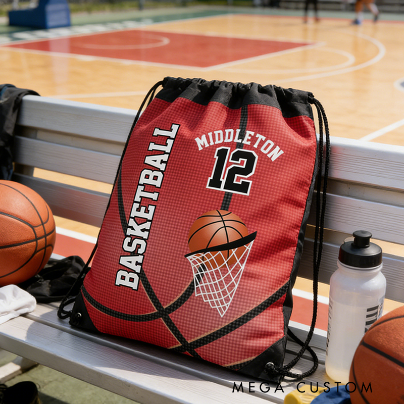 Personalized Basketball Drawstring Bag with Custom Name and Number Design