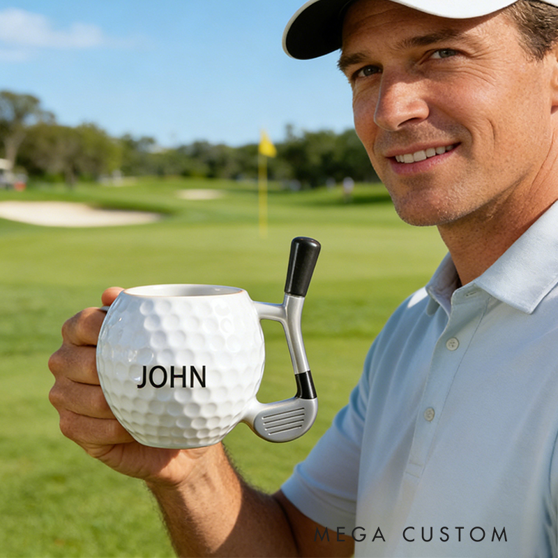 Personalized Golf Ball Coffee Mug with Club Handle and Custom Name for Golf Enthusiasts