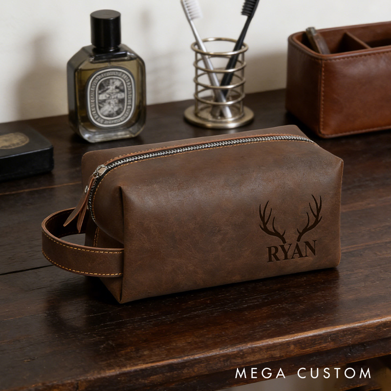 Personalized Hunting Toiletry Bag Custom Dopp Kits Engraved Leather Toiletry Bag for Deer Hunter Dad Husband Father Gift