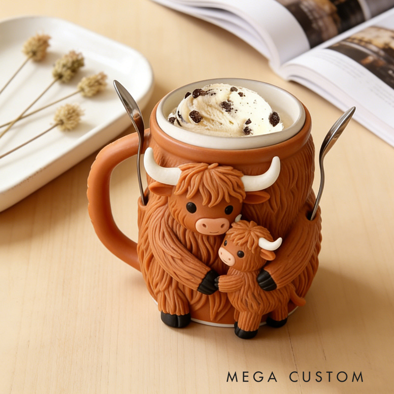 Personalized Adorable Highland Cow Ice Cream Cozy Pint Holder 3D Printed with Spoon Slots for Mom Kids