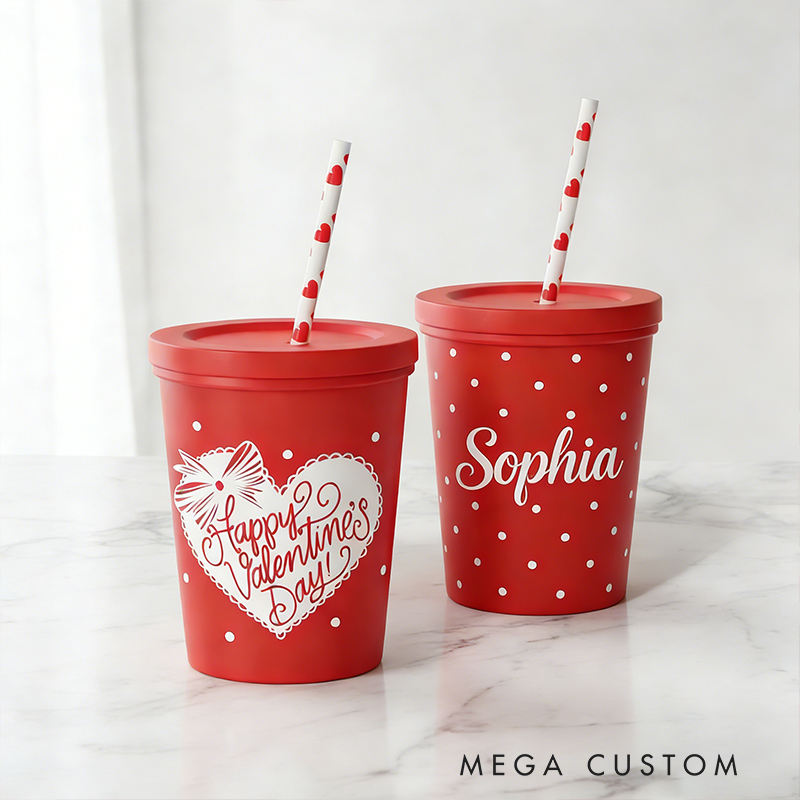 Kids' Valentine's Day Personalized Name Party Cups Polka Dot and Heart Design Celebrate and Share Love