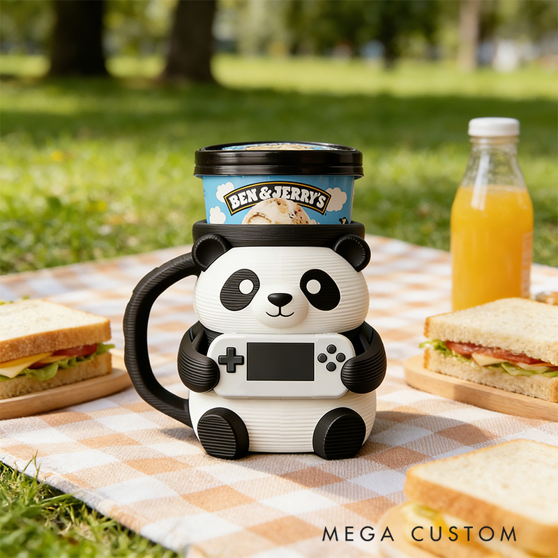 Personalized Cute Panda Gamer Ice Cream Pint Holder with Spoon Slots Eco-Friendly 3D Print for Game Lovers