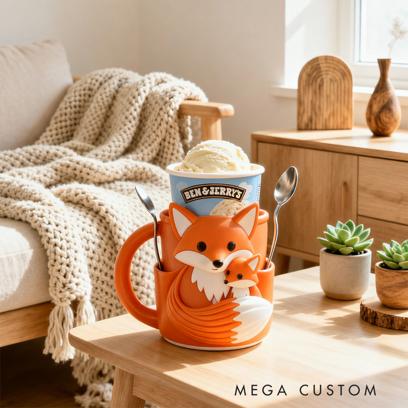 Personalized Adorable Fox Ice Cream Cozy Pint Holder 3D Printed with Spoon Slots for Mom Kids Ice Cream Lover