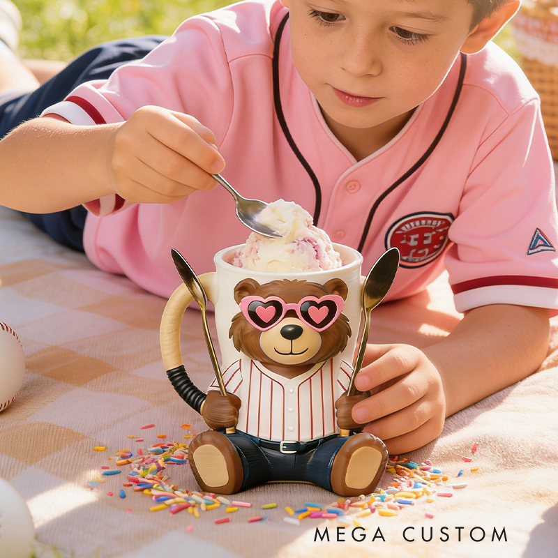 Personalized Baseball Mascot Bear Ice Cream Pint Holder with Adorable Heart Sunglasses 3D Printed with Spoon Slots & Snack Drawer for Baseball and Ice Cream Enthusiasts
