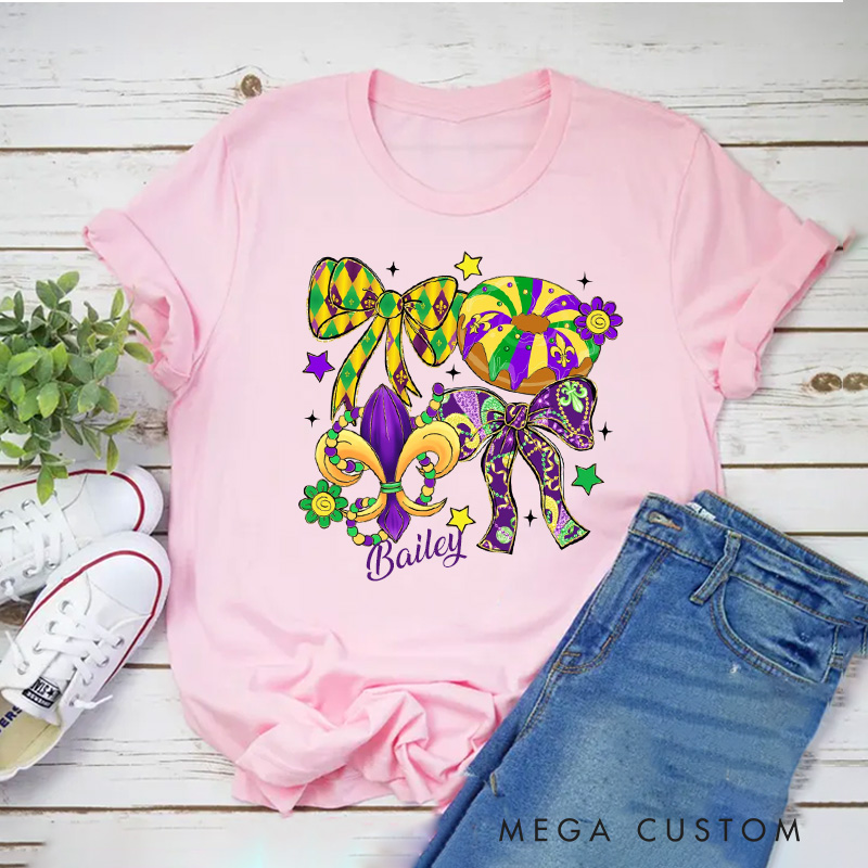 Personalized Mardi Gras Coquette Classic T-Shirts Preppy Bow King Cake Coquette Tee with Name Shirt for Donut Lover Baker Baking Lover