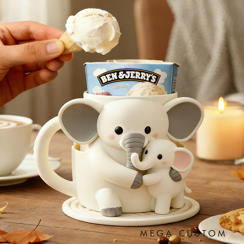 Personalized Adorable Elephant Ice Cream Cozy Pint Holder 3D Printed with Spoon Slots for Mom Kids Ice Cream Lover