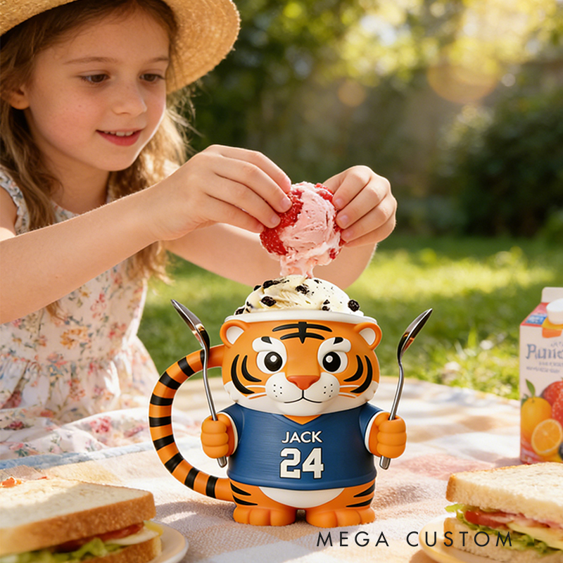 Personalized Tiger Baseball Mascot Ice Cream Pint Holder 3D Printed with Spoon Slots & Snack Drawer Custom Detail for Kids and Baseball Enthusiasts