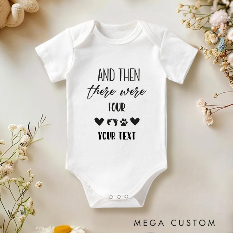 Personalized And Then There Were Four Family Addition with Footprints Baby Onesie  