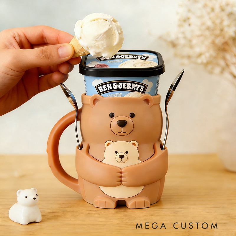 Personalized Adorable Bear Ice Cream Cozy Pint Holder 3D Printed with Spoon Slots & Snack Drawer for Mom Kids