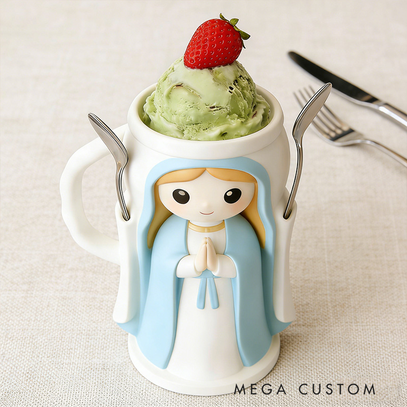 Personalized Virgin Mary Cream Cozy Pint Holder 3D Printed with Spoon Slots & Snack Drawer for Ice Cream Lover Religious Gift Catholic Gift for Her