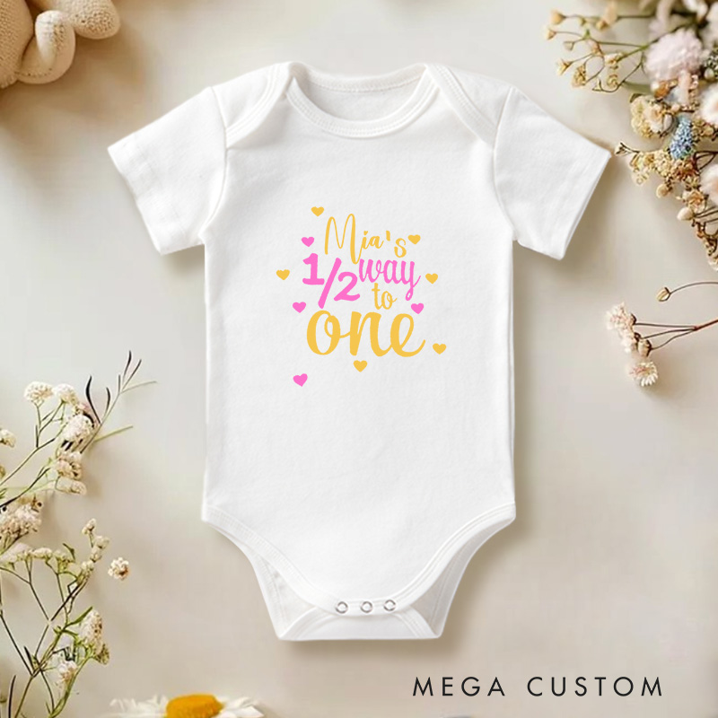 Personalized Baby’s Halfway to One Cute and Colorful Half Birthday Celebration Baby Onesie  