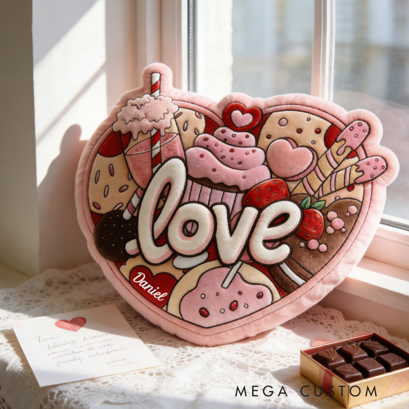 Personalized Cupcake Heart Shape Throw Pillow Graphic 3D Print Baking Heart Pillow with Name for Boyfriend Girlfriend Baking Lover Valentines Gift