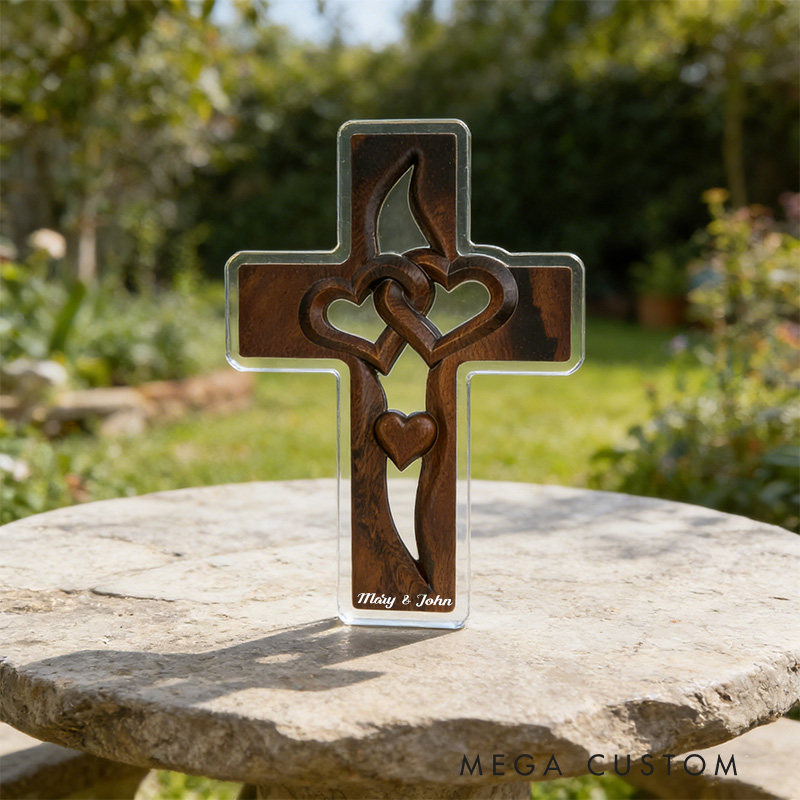 Personalized Cross with Double Hearts Acrylic Plaque with Custom Names Wood Grain Art Plaque Desktop Decor Wedding Gift Religious Gift for Couple