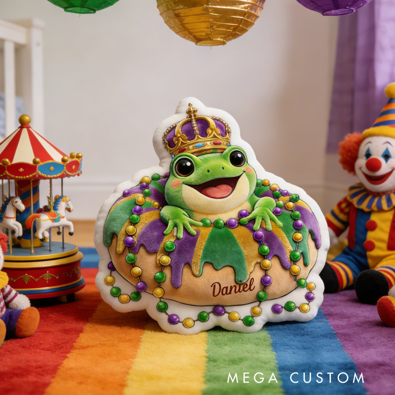 Personalized Mardi Gras Donut Frog Crown Throw Pillow Graphic 3D King Cake Animal Pillow with Name for Kids Baking Lover Mardi Gras Gift