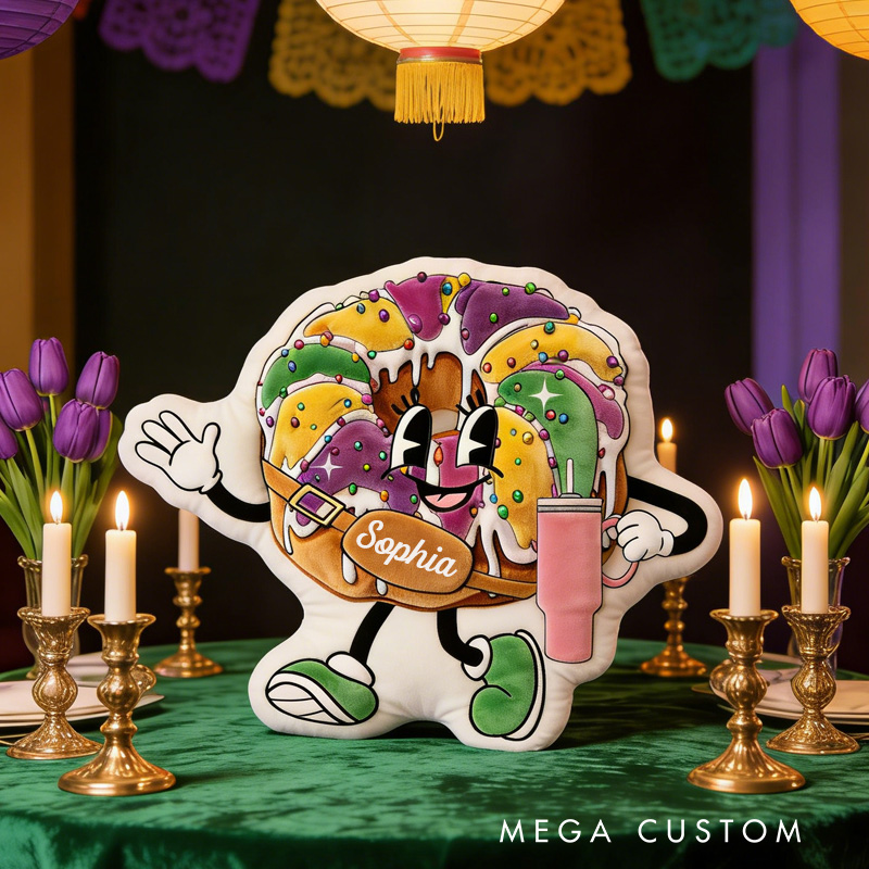 Personalized King Cake Mardi Gras Throw Pillow Graphic 3D Print Donut with Tumbler Pillow with Name for Kids Book Lover Mardi Gras Gift
