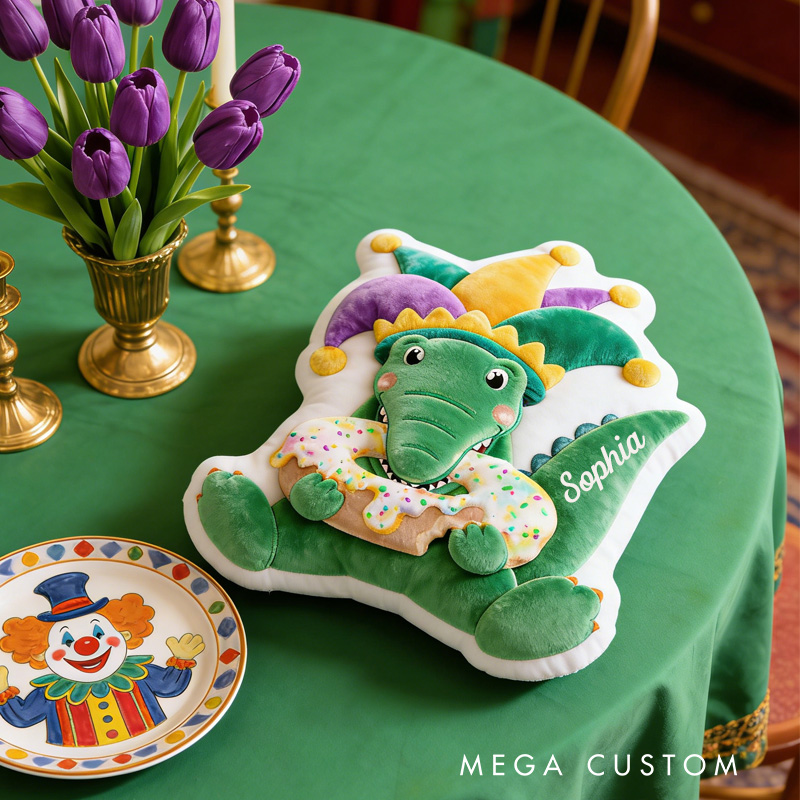 Personalized Mardi Gras Alligator Throw Pillow Graphic 3D Print Donut Pillow with Name for Boyfriend Girlfriend Baking Lover Mardi Gras Gift