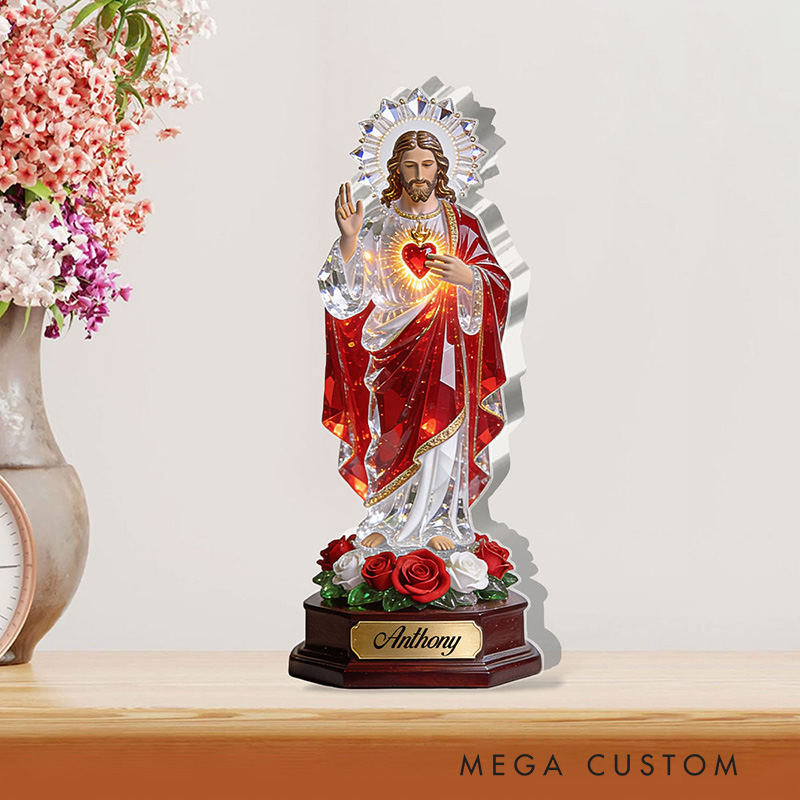 Personalized Sacred Heart Of Jesus Acrylic Plaque with Custom Name Custom Shaped Art Plaque Desktop Decor Religious Christian Gift for Jesus Lover
