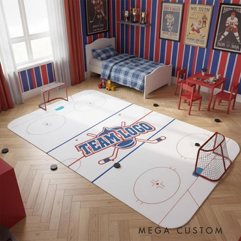 Personalized Hockey Rink Rug Custom Team Logo or Name Fun Play Mat for Kids to Inspire Creativity and Active Play  Gift For Ice Hockey Lovers