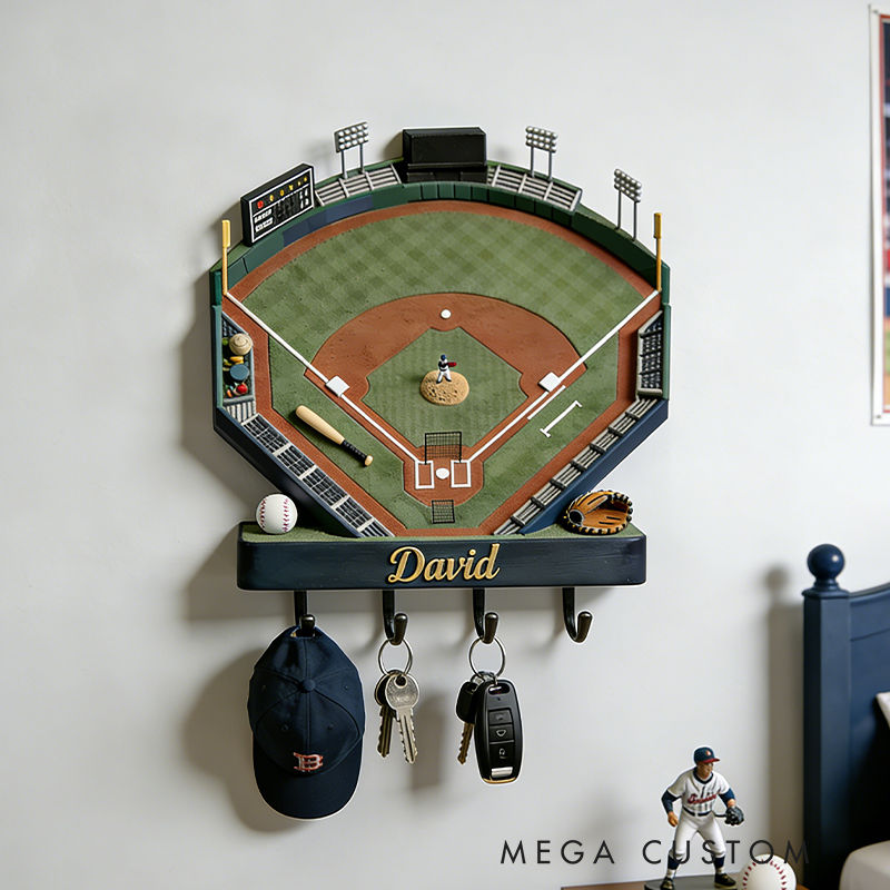 Personalized Baseball Field 3D Printed Key Holder with Custom Name for Baseball Fans 