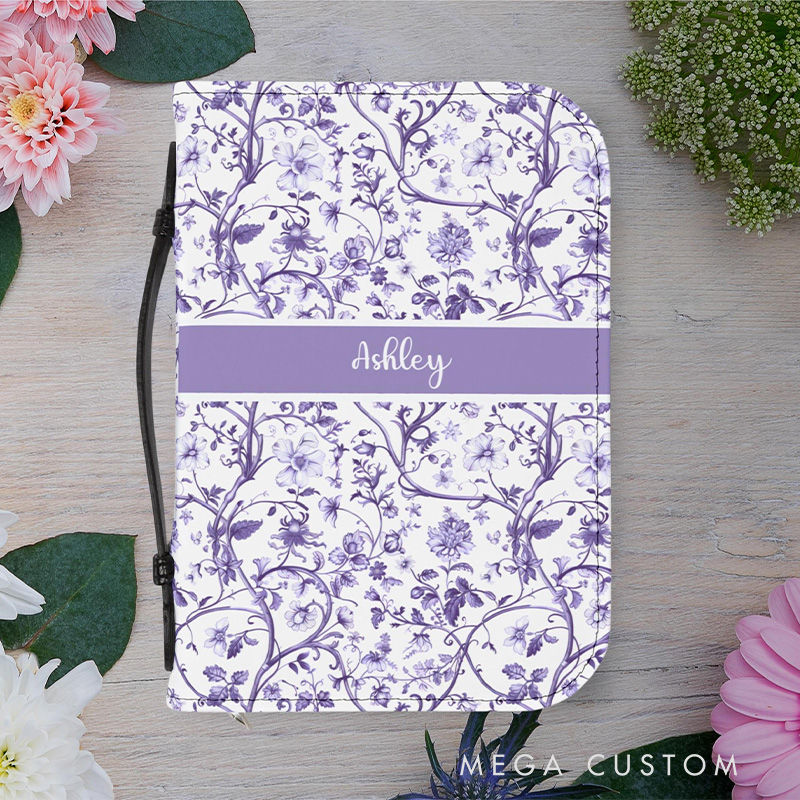 Personalized Floral PU Leather Bible Cover Case with Custom Name and Carry Handle Elegant Toile Design Religious Birthday Gift for Christian Women