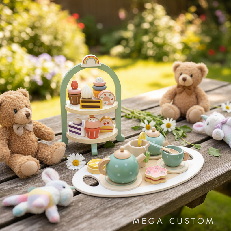 Personalized Kids Tea Party Set Custom Name Pretend Play Toy Adorable Wooden Tea Party Set for Creative Fun