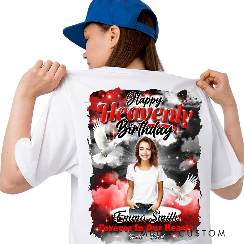 Personalized in Loving Memory T Shirts Memorial Day T Shirts Heaven’s Stairway Memorial Gift Double Side Shirt Rest in Peace Shirt