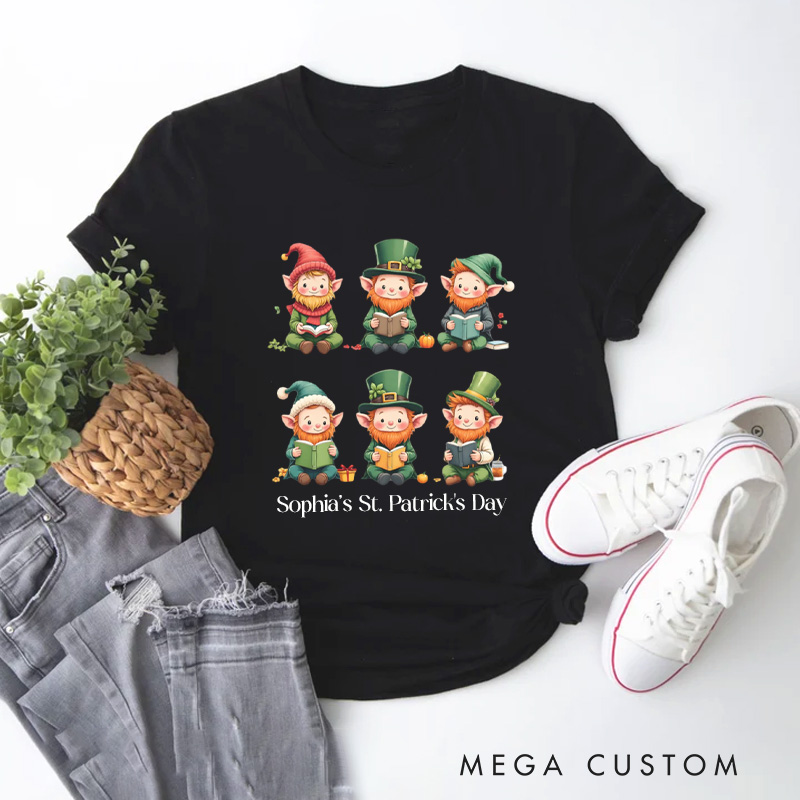 Personalized Book Lover Leprechaun Classic T-Shirts St. Patrick's Day Reading Shirt with Name Tee for Book Lover Bookworm Girlfriend Wife Women Gift