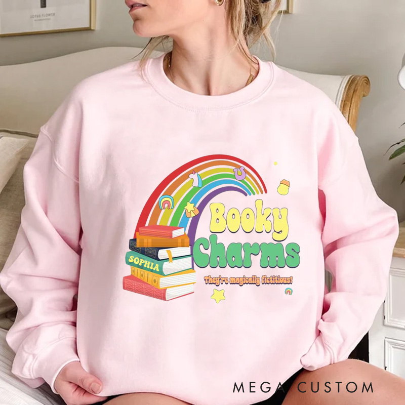 Personalized Booky Charms Sweatshirt Retro Bookish Sweatshirt with Name St. Patrick's Day Gift for Book Lover Reader Girlfriend Wife Librarian