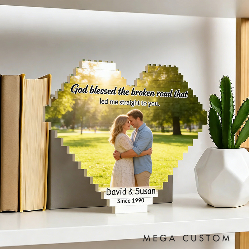 Personalized God Blessed the Broken Road Heart-Shaped Photo Building Brick Puzzles with Custom Name and Year Valentine's Day Religious Gift for Couple