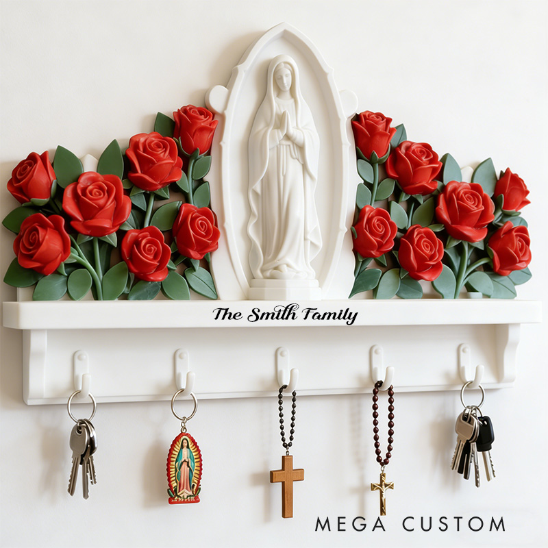 Personalized Our Lady Of Guadalupe Custom Shaped Hanging Rack with Custom Family Name Home Decor Wall Art Key Hanger Religious Gift Catholic Gift 