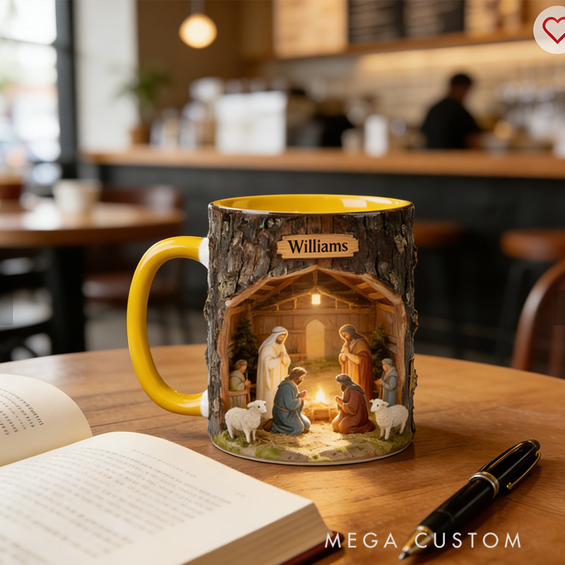 Personalized Nativity Scene 11oz Ceramic Mug with Custom Name Wood Textured Coffee Mug Religious Christian Gift Christmas Gift