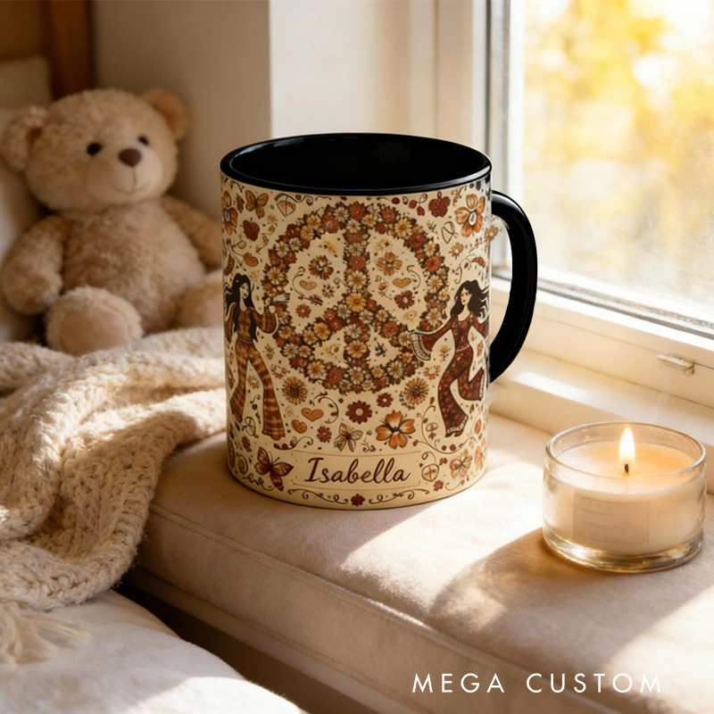 Personalized Hippie Time Music Mug Custom Name Colorful Hippie Car Hippie Coffee Mug Bohemian Coffee Mug