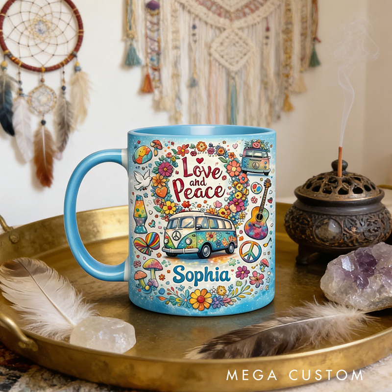 Personalized Hippie Guitar Music Mug Custom Name Colorful Hippie Car Hippie Coffee Mug Bohemian Coffee Mug