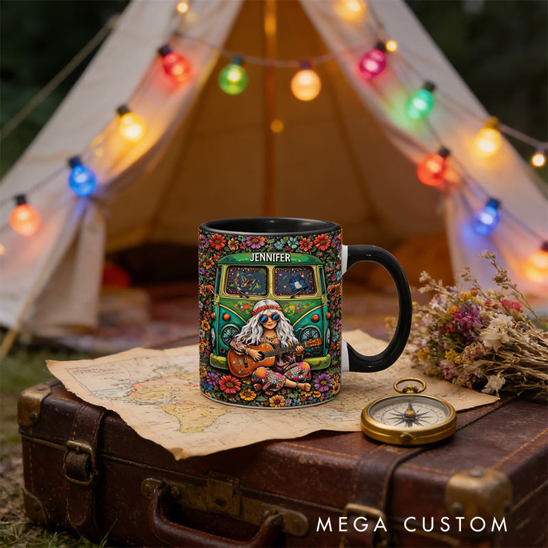 Personalized Flora Hippie Guitar Girl Music Mug Custom Name Colorful Hippie Car Hippie Coffee Mug Bohemian Coffee Mug
