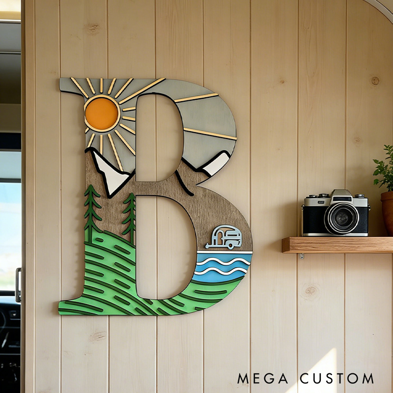Personalized Monogram Camping Rv Life 3D Wall Decor Home Away from Home Decor Camping Decor Camper or Tent Mountain and Lake Design