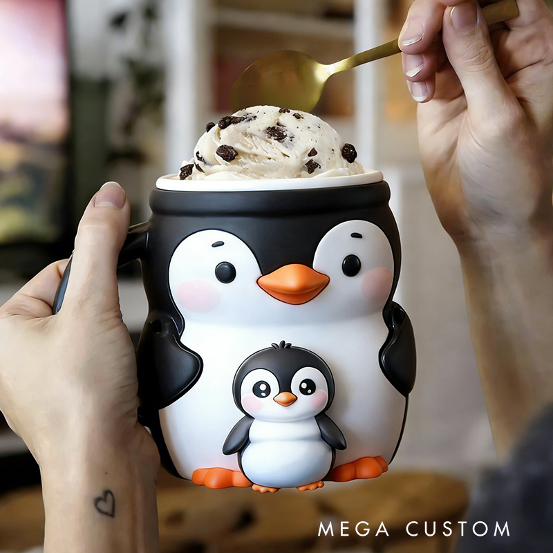 Personalized 3D Printed Penguin Ice Cream Pint Holder Spoon Slots & Snack Drawer Funny Kitchen Decor Cute Animal Gift