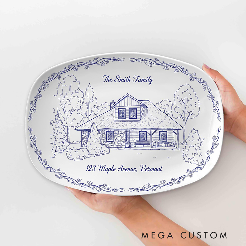 Personalized House Photo Platter Custom Chinoiserie Style Decor Plate New Home Gift Family Gift Housewarimg Gift 
