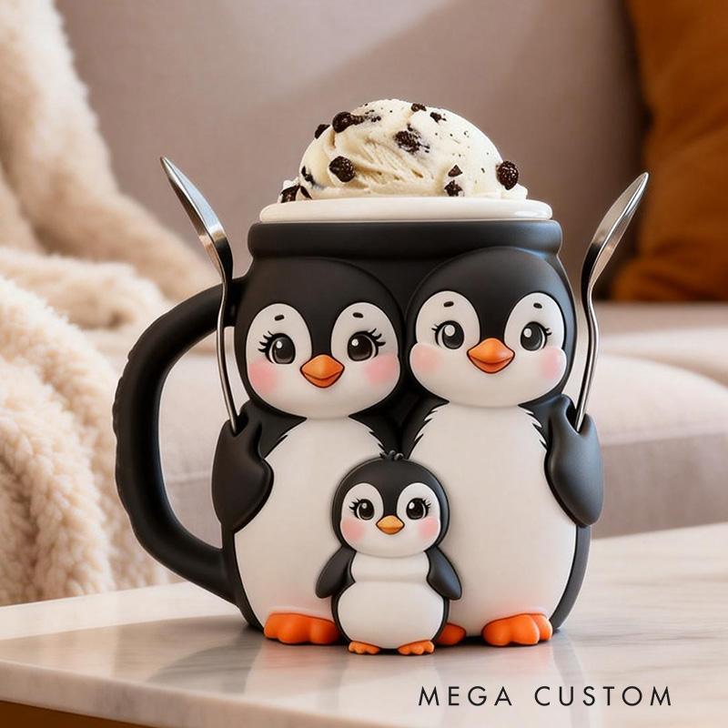 Personalized 3D Printed Penguin Ice Cream Pint Holder Spoon Slots & Snack Drawer Fun Kitchen Decor Animal Design