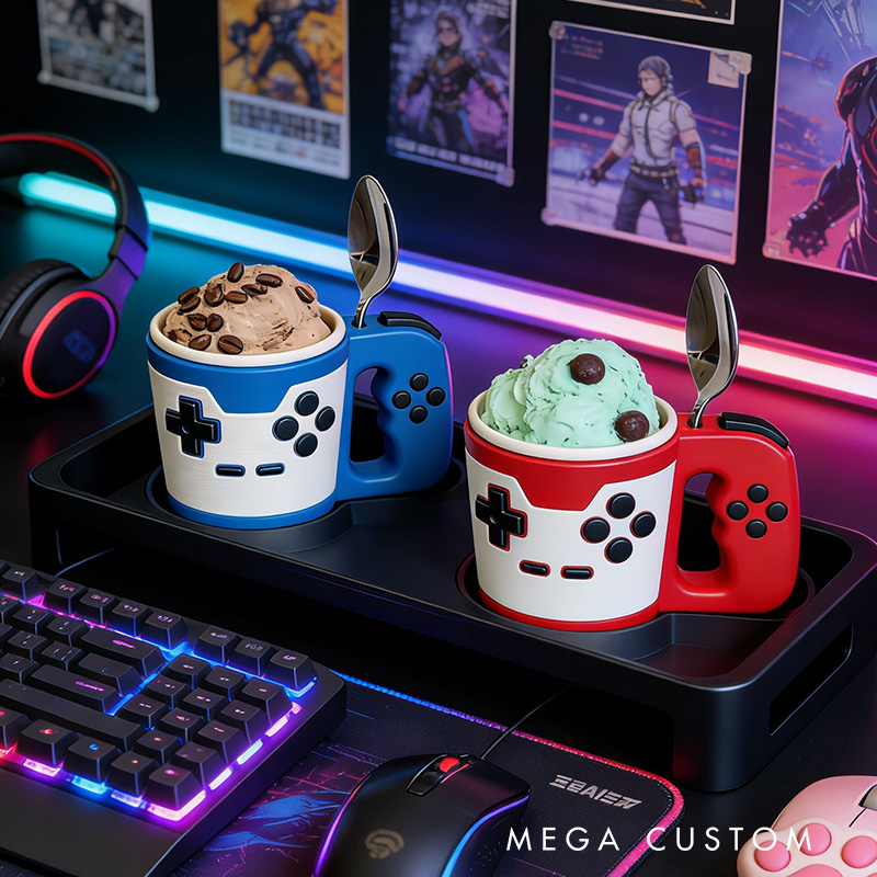 Personalized Couple Vintage Style Controller Gamer Ice Cream Pint Holder with Spoon Slots Eco-Friendly 3D Print for Game Lovers