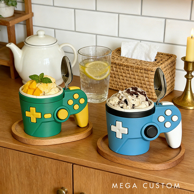 Personalized Couple Morden Controller Gamer Ice Cream Pint Holder with Spoon Slots Eco-Friendly 3D Print for Game Lovers
