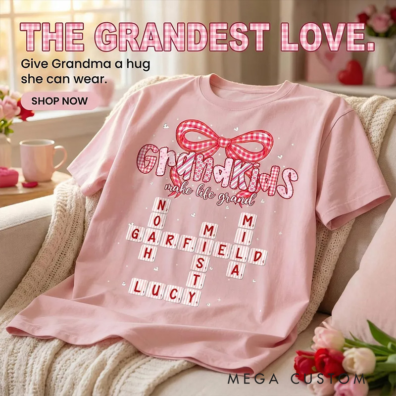 Personalized Shirt Grandkids Make Life Grand Preppy Valentine Pattern Crossword Puzzle Art Shirt Valentine's Day Gift For Grandma