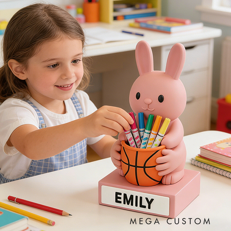 Personalized Basketball Bunny 3D Printed Pen Holder with Custom Name for Kids and Students