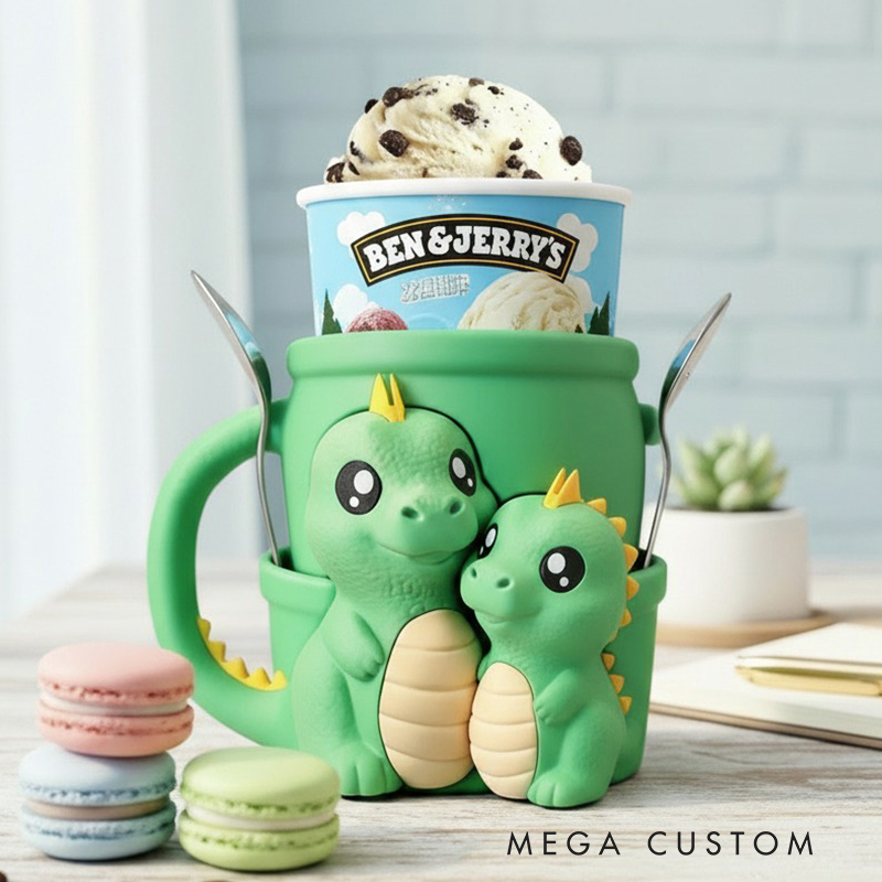 Personalized Adorable Dinosaur Ice Cream Cozy Pint Holder 3D Printed with Spoon Slots & Snack Drawer for Mom Kids Ice Cream Lover