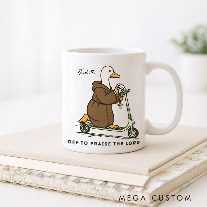 Personalized Off to Praise the Lord 11oz 15oz Ceramic Mug with Custom Name Funny Christian Duck Cup Faith Humor Coffee Mug Scripture Lover Mug