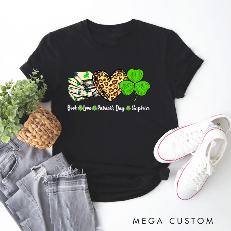 Personalized Book Lover St. Patrick's Day Classic T-Shirts Irish Shamrock Reading Shirt with Name for Book Lover Bookworm Girlfriend Wife Women Gift