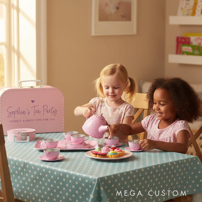 Personalized 15 Piece Tin Tea Set Custom Name Pretend Play Tea Party Toy for Kids Adorable Role-Playing Fun