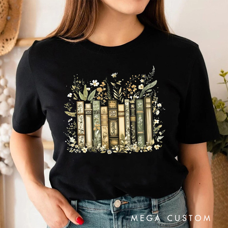 Personalized Flower Books Classic T-Shirts Floral Book Shirt with Name Librarian Tee for Book Lover Bookworm Girlfriend Wife Women Gift