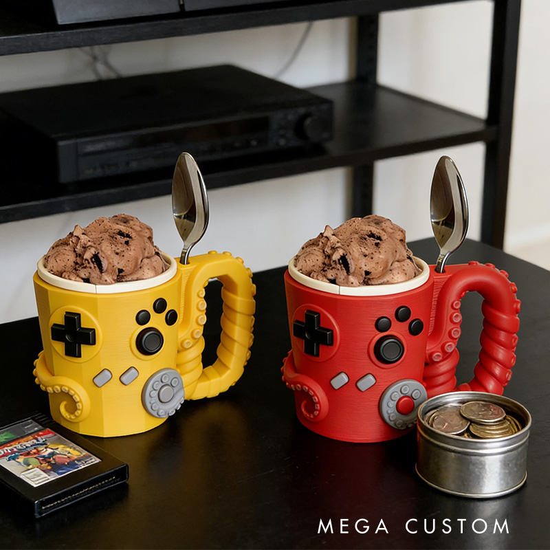 Personalized Couple Octopus Controller Gamer Ice Cream Pint Holder with Spoon Slots Eco-Friendly 3D Print for Game Lovers